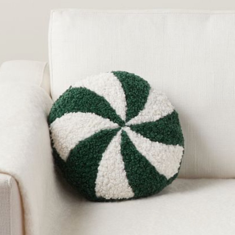 New Pottery Barn Cozy Teddy Peppermint Twist Candy Shaped Christmas Pillow